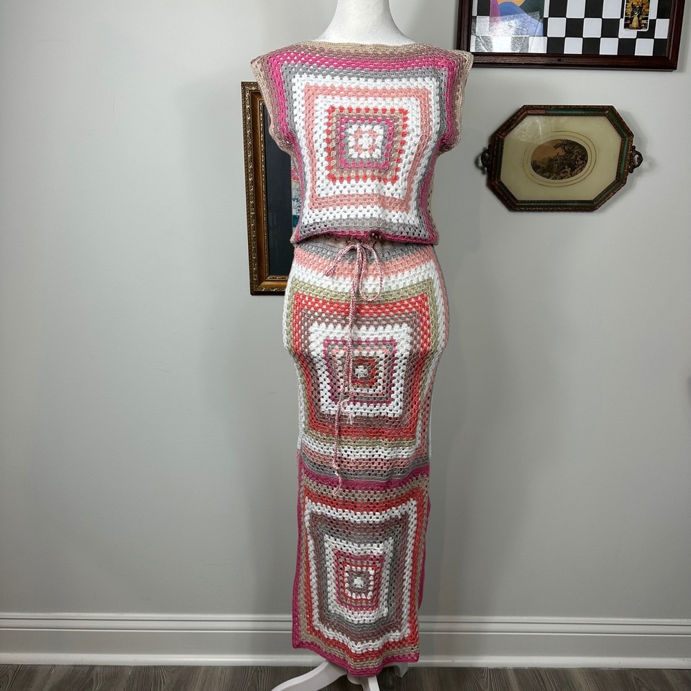 Crochet Granny‎ Square Maxi Dress - SIZE est. S Handmade Summer Vacation Grandma